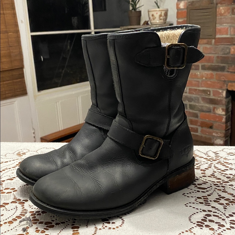 UGG Lorraine womens 7 Black Leather biker combat Boots